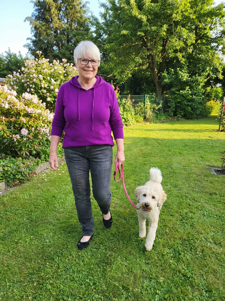 Marion Wehner mit Hund im Grünen, sonniger Tag, Natur, Spaziergang.